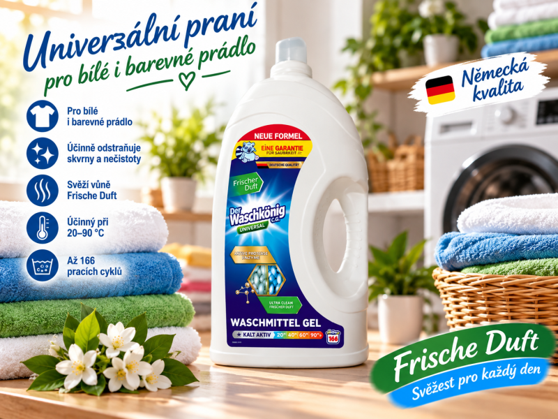 Waschkönig Universal XXXL gel na praní bílého i barevného prádla – 5 l, až 166 praní